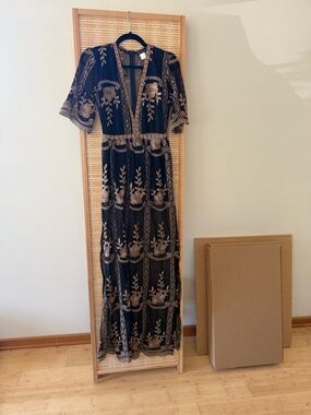 Black Embroidered Maxi Dress with Gold Accents